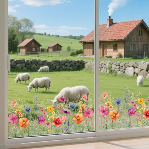 Toumdafine Fensterbilder sommer, Wiederverwendbare Selbstklebend Floral Ground Bunt (60 * 30 cm) Blumen und fensterbilder - Feine Heimdekoration, Wasserdicht und einfach zu kleben.