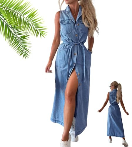 Damslag, lång ärmlös jeansklänning med snörning, 2025 sommar, avslappnad button-down-bälte-A-linje, swing-jeansklänning med fickor, blå, S