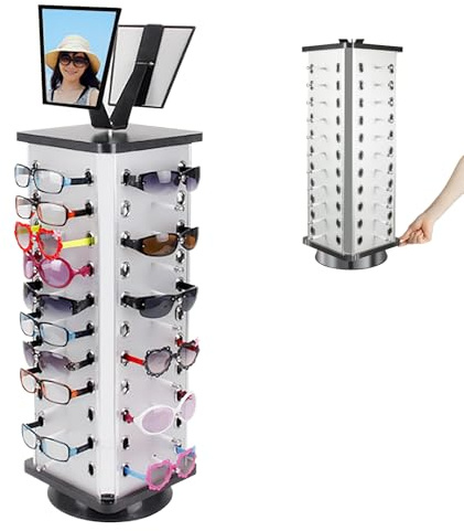 KigerNee Supporto girevole per occhiali con rotazione a 360° e specchio – Robusto supporto in metallo per 44 paia di occhiali/occhiali da sole – Supporto design nero 23 x 86 cm, portata 10 kg, metallo