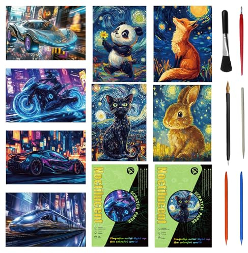 Zyluniy Scratch Art Kit per Bambini Adulto, 8PCS Scratch Paper, Pittura Arcobaleno Vista Notturna Art & Craft, Carta da Grattare per Disegno Creativo per Natale regalo di compleanno