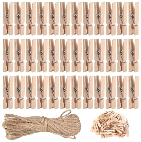 160 Stück Wäscheklammern Holzwäscheklammern Klein Holz, 3,5cm Mini Holzklammern Klein für Fotos Postkarten DIY Dekoration, Fotoleine mit Klammern, Fotoklammern, mit 10M Bilder Aufhängen Schnur
