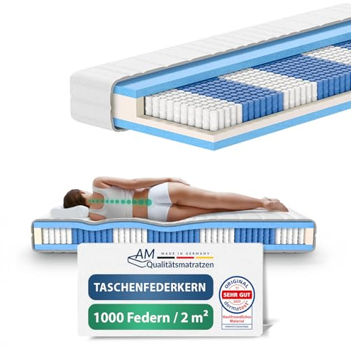 AM Qualitätsmatratzen 1000 Federn Taschenfederkernmatratze 160x200cm H3 24cm - Made in Germany & Oeko TEX Siegel - Federkernmatratze 160x200 mit Lyocell Bezug - 7 Zonen Matratze 160x200 H3