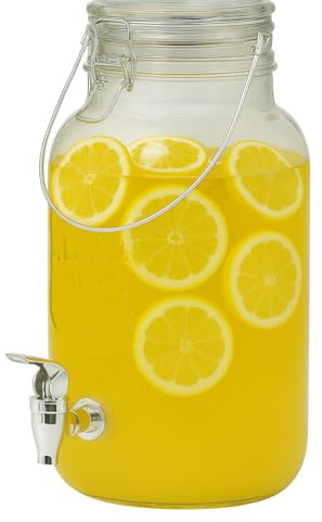 Dispenser per Bevande in Vetro, 4 Litri con Rubinetto e Coperchio, Contenitore per Acqua, Succhi, Cocktail, Tè Freddo, per Feste e BBQ, 29x16 cm
