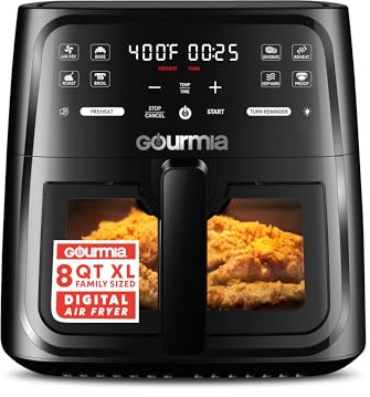 Gourmia 8 Qt Air Fryer, 8 Presets with Digital Display, FryForce 360° Technology, Easy View Window & Interior Light, Dishwasher Safe Basket, Black