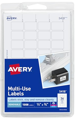 Avery Removable Print or Write Labels, White, 0.5 x 0.75 Inches, Pack of 1008 (5418)