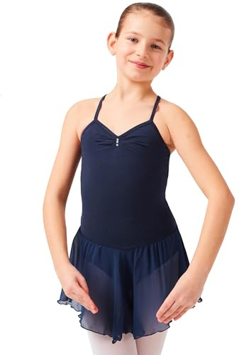 tanzmuster Kinder Ballettkleid Maja - süßer Spaghetti-Träger Ballettbody mit Chiffon Röckchen und Glitzersteinen in marineblau, Größe:152/158