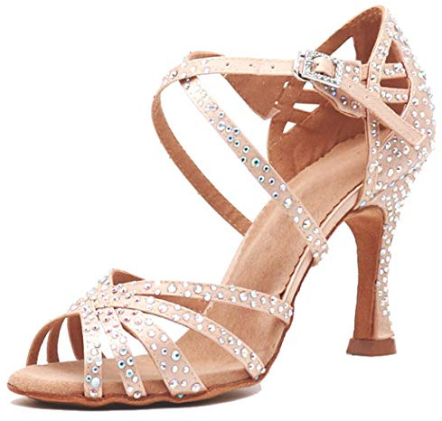 MGM-Joymod Women's Peep Toe Cross Strap Rhinestones Social Tango Ballroom Latin Modern Dance Shoes Wedding Party Sandals (Skin) 4.5 M UK
