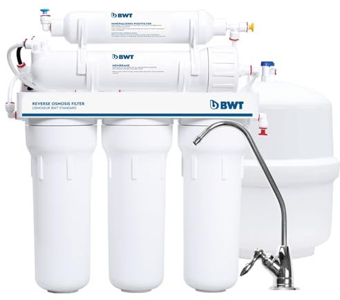 BWT Standard Osmose Inverse Domestique 75 GPD Sans Pompe – Débit de 11,8 L-h – Réservoir de 12 L – 5 étapes avec minéralisation – Taux de récupération de 10-20 purcent – Pression d'entrée de 3-6 bars