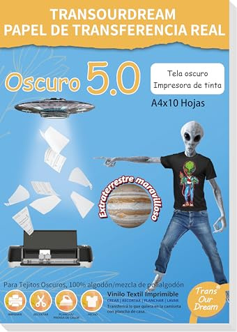 TransOurDream-Papel de Transferencia Para Camisetas y Tejidos Oscuro 5.0 | （A4x10 Hojas）Fácil de Usar, Compatible con Impresoras de Inyección de Tinta,Marca de confianza, ES-3-5.0-10