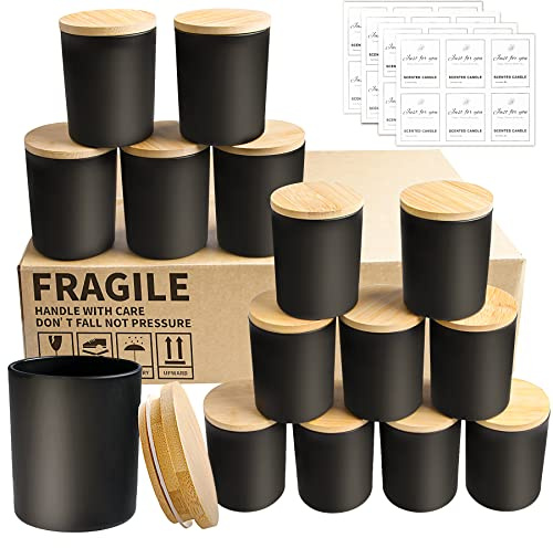 CONNOO Lot de 15 pots à bougies vides en verre épais avec couvercles en bambou pour la fabrication de bougies - Noir mat - 200 ml - Passe au lave-vaisselle