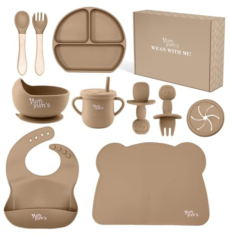 Yum Yum's Baby 10 Pcs Mocha Weaning Set - Complete Toddler Feeding Kit w/Sectioned Plate, Suction Bowls, Cutlery with Mouth Guard, Straw Cup, Bib & Mat - Non-Slip - for Toddlers & Baby Gift
