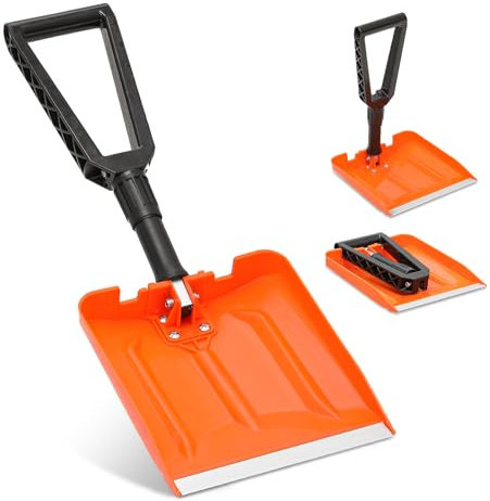 Magshion Pelle à neige pliable de 25,4 cm avec poignée en D et lame à bord en aluminium durable, pelle à neige pliable pour arrière-pays, voiture et motoneiges, orange