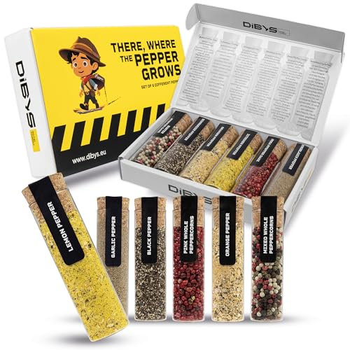 DIBYS Coffret Cadeau de Poivres | 6 Variétés de Poivres Sélectionnées en Tube à Essai avec Recettes | Mélange de Poivres Fascinant et Varié | Cadeau pour les Passionnés de Cuisine