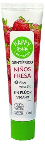 HAPPY BIO COSMETICS - PASTA DE DIENTES INFANTIL, Sabor Fresa, Con Aloe Vera BIO y Malva BIO, Sin Fluor, Pasta De Dientes Vegana, Sin Gluten, Con Certificación Ecológica, 50ml