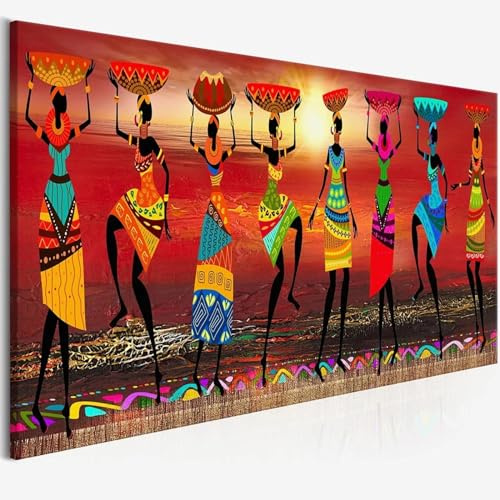 CHAOJIART Cuadros Etnicos Pinturas de arte tribal Mujeres africanas bailando pintura al óleo Imagen para sala de estar Impresión en lienzo Decoración del hogar 60x180 cm (24x71 pulgadas) Sin marco