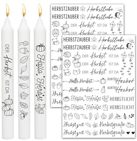 BOOMTOP 2x Kerzen Tattoo Herbst Kerzen Deko Herbstzauber Kerzenaufkleber Rub on Sticker Deutsche Sprüche Erntedankfest Kerzensticker für Stabkerzen Kleine Kerzen DIY Geschenk Schwarz