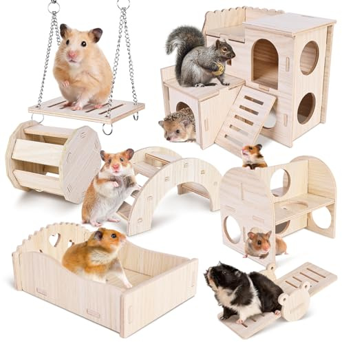 Lot de 7 jouets pour hamster - Accessoires pour hamster - Jouet à mâcher en bois pour cochon d'Inde - Roue de hamster - Balançoire - Maison pour gerbilles, rats, hamsters nains, chinchillas
