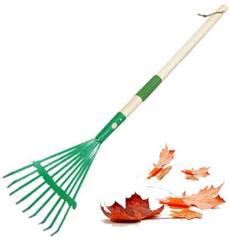 Kalastussaari Kids Rake 27'' Nine Teeth Steel Small Rake with Wood Handle Easy Assembly Kids Garden Tools with Green Rake Head Educational Kids Gardening Tools for Outdoors Kids Garden Tools