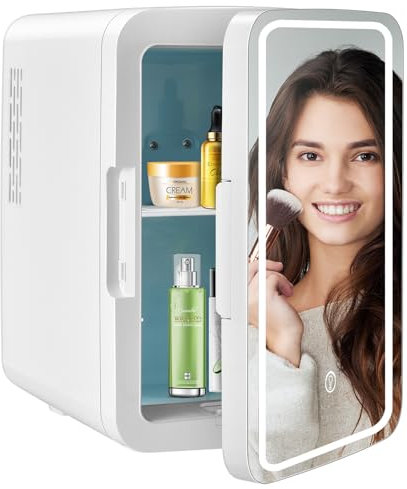 GOPLUS 2 in 1 Mini Kühlschrank mit LED Spiegel, 10 L AC/DC Fridge mit Kühl- & Heizfunktion & 3 Helligkeiten, Tragbarer Kühlschrank mit Abnehmbaren Ablagen für Skincare, Kosmetik & Getränke
