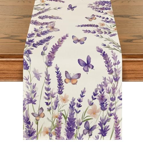 Kabwea 1 Caminero de Mesa con diseño de Lavanda y Mariposas, Primavera, decoración primaveral Interior (183 * 33 cm)