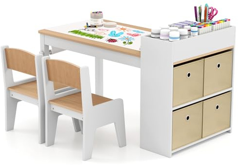LIFEZEAL Barnbord med 2 stolar, lekbord för barn och stolar, set med pappersrullar och 4 förvaringskorgar, aktivitetsbord för målning, skrivning (natur + vit)