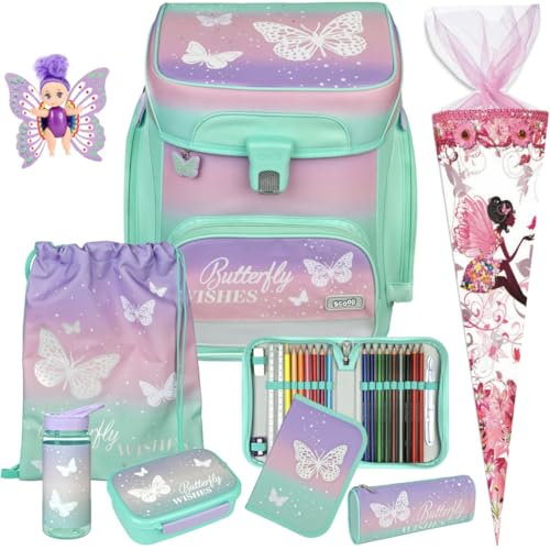 Pridera Scooli Schulranzen 1.Klasse Mädchen Butterfly Wishes Schmetterling EasyFit Schulranzen-Set (9tlg. Set mit Brotdose Trinkflasche passend dazu Schultüte B, Fairy-Püppchen gratis)