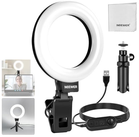 NEEWER BÁSICO 5 Aro Luz con Mini Trípode Luz Videoconferencias Escritorio, Clip on Streaming Kit para Monitor Webcam Computadora Portátil Maquillaje Selfies Grabación Video, Paño de Limpieza, BR60