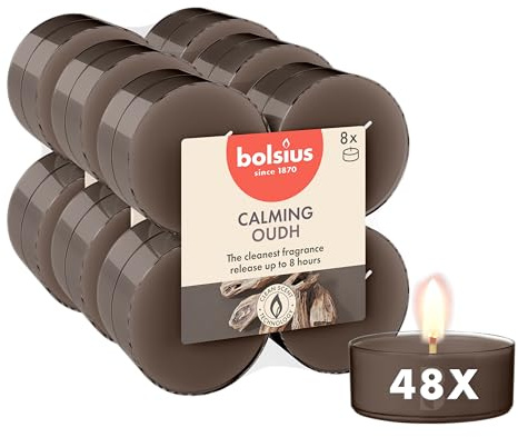 Bolsius - Maxi lumini profumati - Oud Wood - Marrone - 48 pezzi - Estratti naturali - Contiene cera vegana - Senza olio di palma