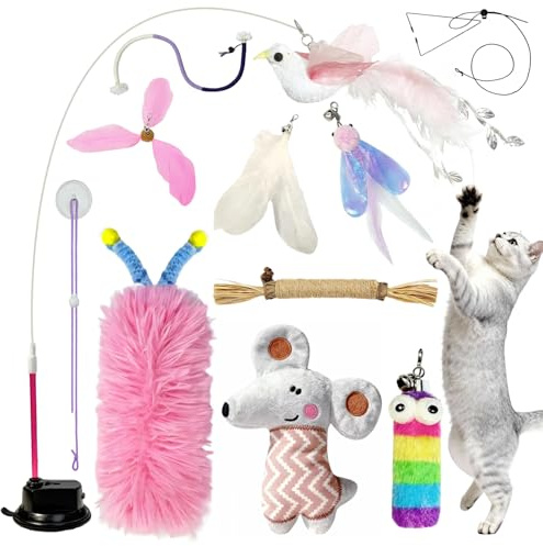 Jouet Chat Interactif 7 en 1, Lot de Jouets pour Chat d'Intérieur avec Ventouse Lavable, Canne à Plume, Jouets Suspendus, Jouet Oiseau, Bâtonnets Herbe à Chat, Corde à Mâcher et Peluche