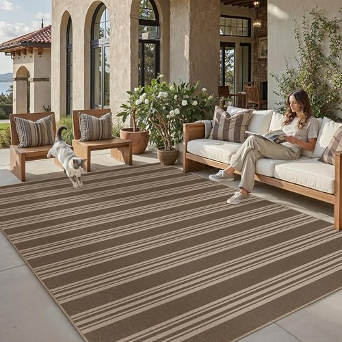 PureCozy Alfombra Exterior 200x300cm Salon Terraza Marrón Antideslizante Lavable Impermeable Interior Alfombras Jardin Patio Habitacion Dormitorio Comedor Aspecto Yute Tapete