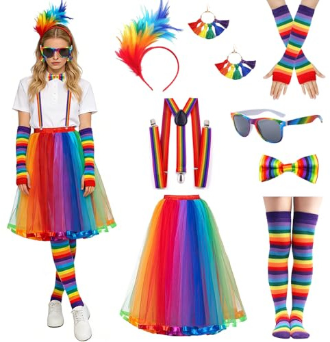 MINGJAY Tutu Arc en Ciel Femme Déguisement,8 Pièces Jupe en Tulle Arc-en-Ciel,Arcs-en-Ciels Jupe Tutu pour Femmes,Femme Ballet Tutus Tulle Jupes,pour Carnaval,Halloween,Cosplay