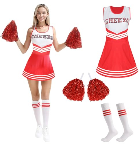 MUNSKT Cheerleader Fancy Dress Outfit,Cheerleading Outfit with Pom Poms,Cheerleader Costume for Women Girls,Uniform High School Dress,Cheerleader Outfit Adult Fancy Dress Costume (Red, L)