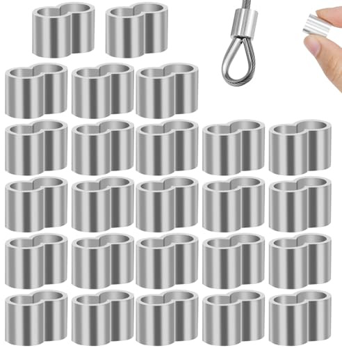 Abrazaderas de Aluminio 8 mm 50 Piezas con Caja organizadora, Clips Dobles para Cuerdas elásticas, Acero Inoxidable Resistente a la Intemperie para Cuerdas, Cables, tendedero y Uso Exterior