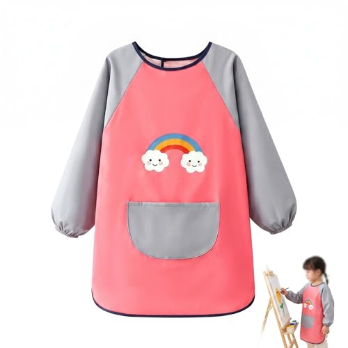 Babi Escolar Infantil para Niños y Niñas, Bata de Pintura Impermeable con Mangas Largas y Bolsillo, Mandilón para Manualidades, Dibujo y Cocina, Diseño de Arcoíris, Talla L (3-8 Años)