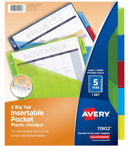 Avery Dividers for 3 Ring Binders, 5 Tab Plastic Binder Dividers, Pockets, Insertable Big Tabs, Multicolor, Extend Beyond Sheet Protectors, 1 Set (11902)