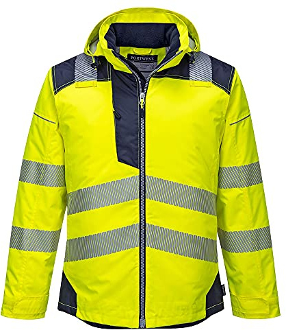 Portwest T400 Men's PW3 Lightweight Hi Vis Hooded Work Jacket Reflective Full Zip Safety Utility Quilt Lined Waterproof Workwear Yellow/Navy, Small