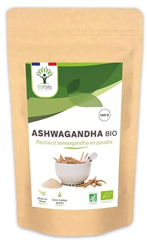 Bioptimal - Racines d'Ashwagandha Indien Bio en Poudre - Withania Somnifera 100% Pur - Sommeil Anti-Stress Libido Adaptogène - Contrôlé et Conditionné en France - Certifié Ecocert - 100g