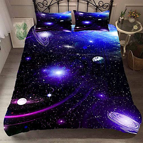 GDDO Geheimnis Blau Schwarz Lila Kosmos Galaxis Star Bettbezug Mann Frau Geschenk, 2/3 Teilig Weltraum Planet Funkeln Star Bettwäsche-Set Bettbezug mit Kissenbezug (Lila schwarz,135 x 200cm)