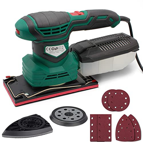 FISHTEC Multischleifer Exzenterschleifer 3 Schleifköpfe 200W 6 einstellbare Geschwindigkeiten 6 Schleifpapier (Körnung 80) + Staubsaugeradapter + Auffangbehälter