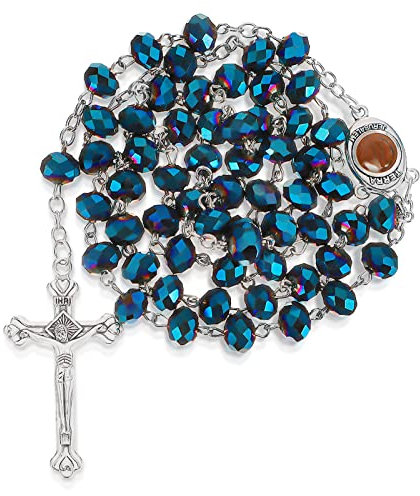 Yaomiao Blau Kristallperlen Rosenkranz Katholische Halskette Kreuz Rosenkranz Kugelkette Silber Kette Herren Damen Halsketten