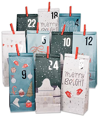 Papierdrachen Calendario de Adviento 2025 para rellenar, 24 bolsas de papel en color azul con pegatinas de números y grapas, diseño navideño, juego de manualidades para Navidad