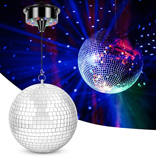 Meagoo Disco Ball with Motor and Light, 8'' Hanging Mirror Ball and 6RPM Batteries Powered Rotating Motor with 4 Light Colors and 18 LEDs for Disco Party Decoration, DJ Club, Wedding, Birthday
