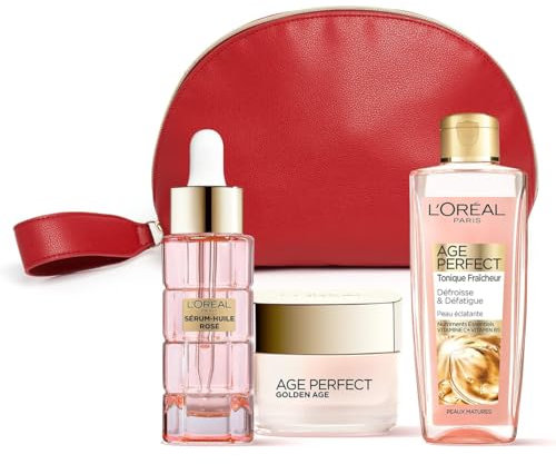 L'Oréal Paris – Trousse Cadeau Routine Éclat pour Peaux Matures – Éclat, Fraîcheur, Vitalité et Fermeté – Tonique Fraîcheur, Sérum-Huile Rosé, Soin Jour Rosé – Age Perfect Golden Age – 3 produits