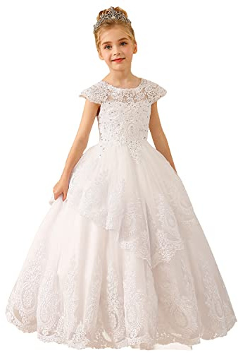 ABaoWedding Beaded Lace Appliques Flower Girl Dress First Communion Ball Gown Kids Pageant Prom Dresses Size 6,White