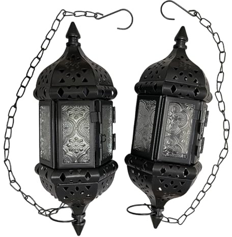 2PCS Moroccan Decorative Candle Lantern Metal Hanging Tealight Candlestick Holder Glass Indoor Outdoor LED Flameless Candle Holder 13.8 inches Chain (Black)