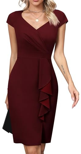 Missufe Robe de soirée élégante pour femme - Robe de cocktail pour invitée de mariage - Robe moulante avec fente - Longueur au-dessus du genou - Robe crayon pour le travail, rouge bordeaux, S
