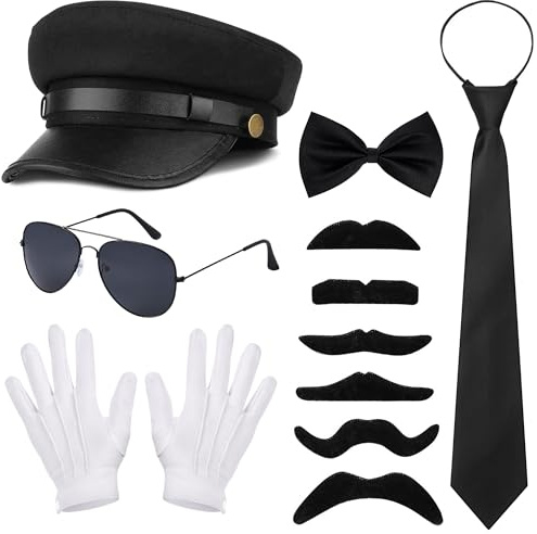 Vifcotlyp 11 accessori per costume da autista, novità costume da autista limousine con cappello da autista, occhiali da sole, guanti, barba finta, cravatta per uomini e donne, per feste a tema