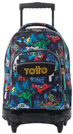 TOTTO - Mochila Escolar con Ruedas, Modelo Renglones, Capacidad 26,21 Litros, Bolsillo para PC 14, Bolsillo para Botella, Correas en S para Mayor Comodidad, Resistente, Estampado Gamertag Azul