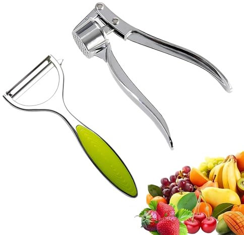 VireEyU 2 Pièces Ustensiles de Cuisine en Acier Inoxydable, Couteau Éplucheur et Presse-ail, Éplucheur de Légumes et Pommes de Terre, Outils de Cuisine en Acier Inoxydable avec Lame Tranchante