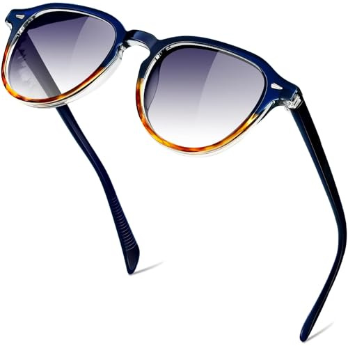 KANASTAL Gradient Black Sunglasses Womens Polarised Mens Round Small Face Ladies Retro Vintage Classic UV400 Protection Summer Fishing Sailing - Blue Frame Gradient Grey Lens